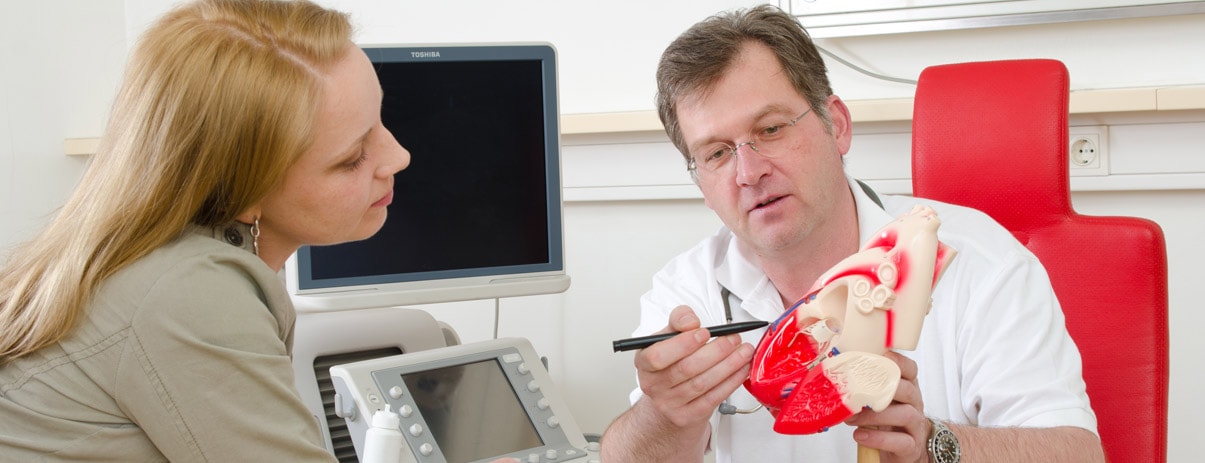 Dr. Kosztolich erklärt einer Tierbesitzerin den Befund am anatomischen Herzmodell